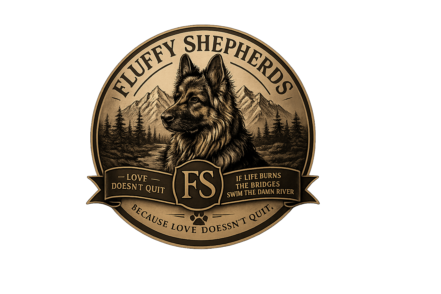 Fluffy Shepherds logo featuring long-haired German Shepherd with "Love Doesn’t Quit"