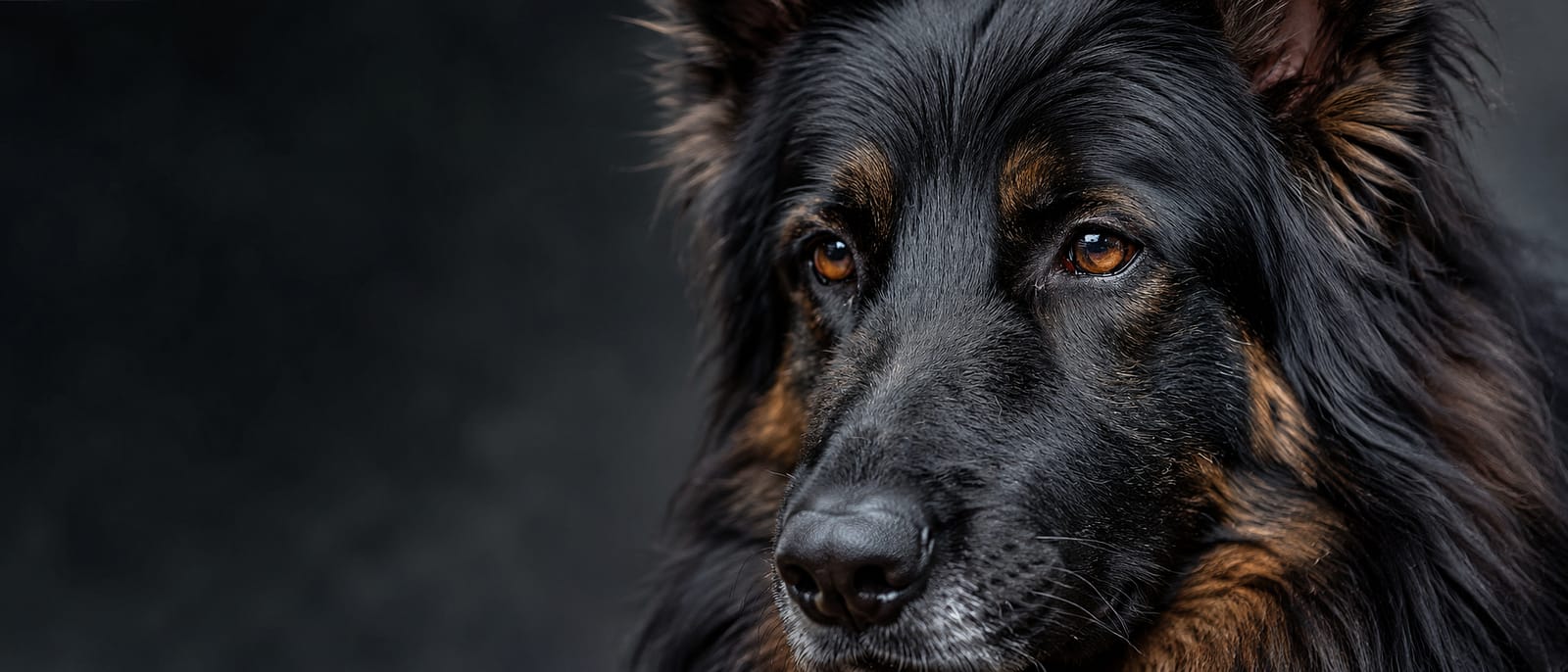 Long-haired German Shepherd Tia with calm amber eyes, representing real-world care for rescue dog parents in Canada.
