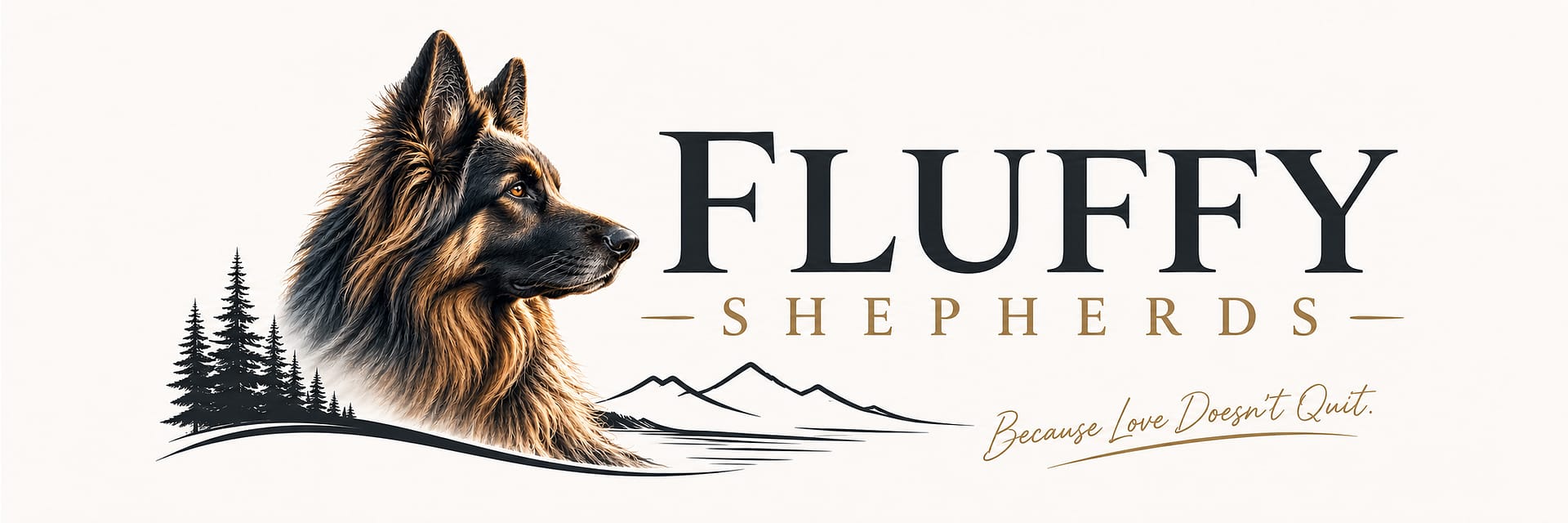 Fluffy Shepherds logo featuring a long-haired German Shepherd and British Columbia mountain landscape