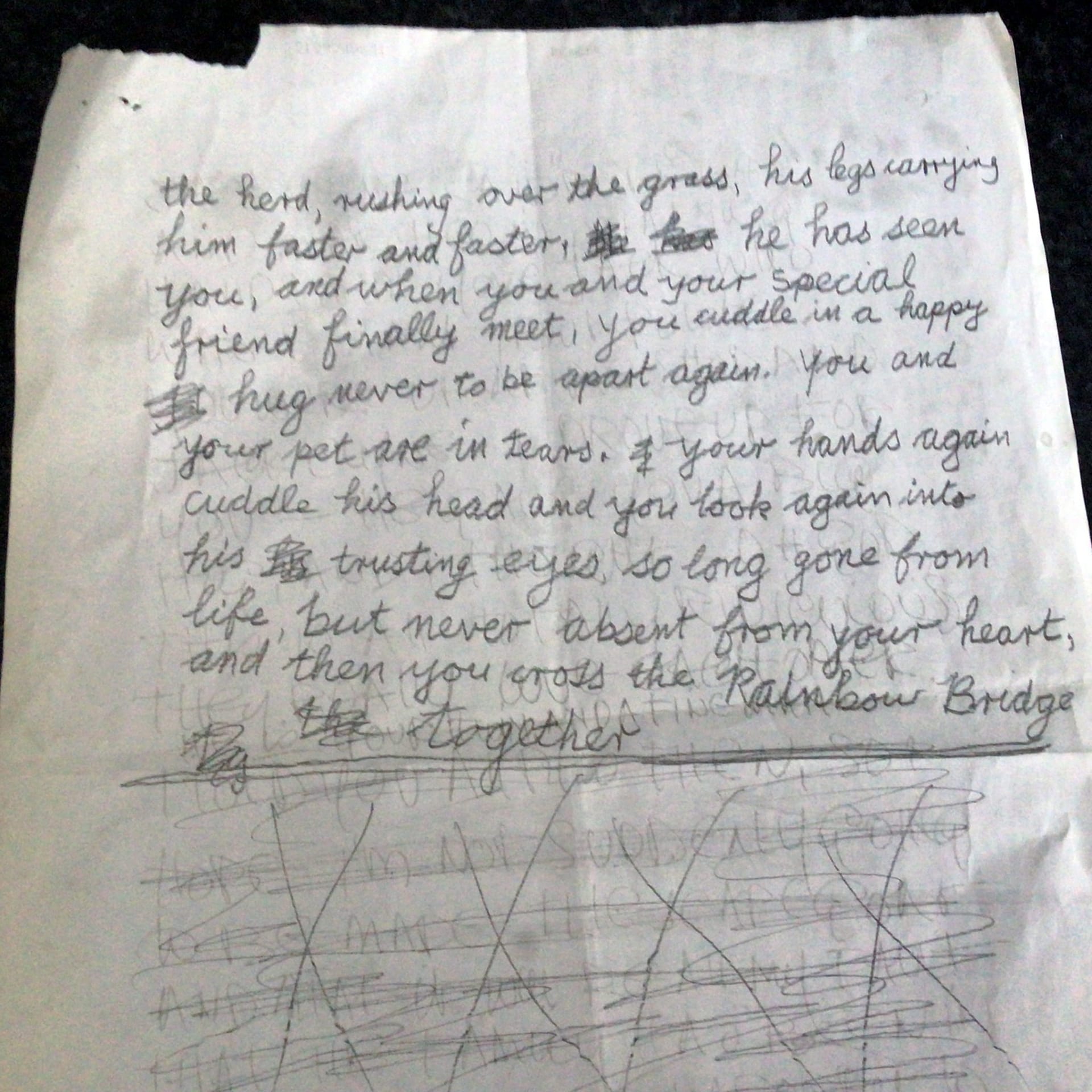 Reverse of Edna Clyne-Rekhy's handwritten Rainbow Bridge manuscript, showing the poem above her sister's crossed-out writing