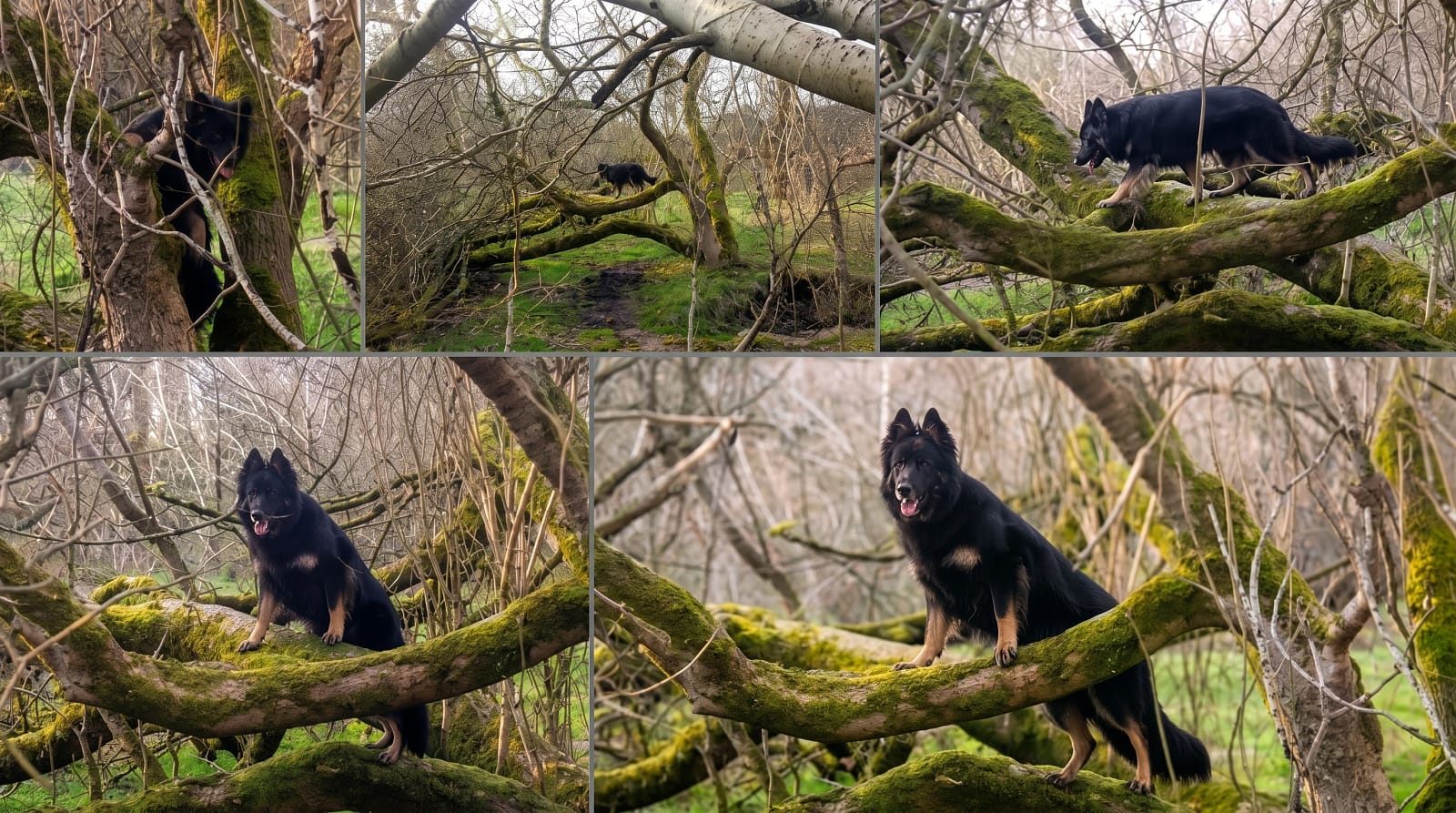 Tia moving through a mossy tree in a five-panel behaviour sequence