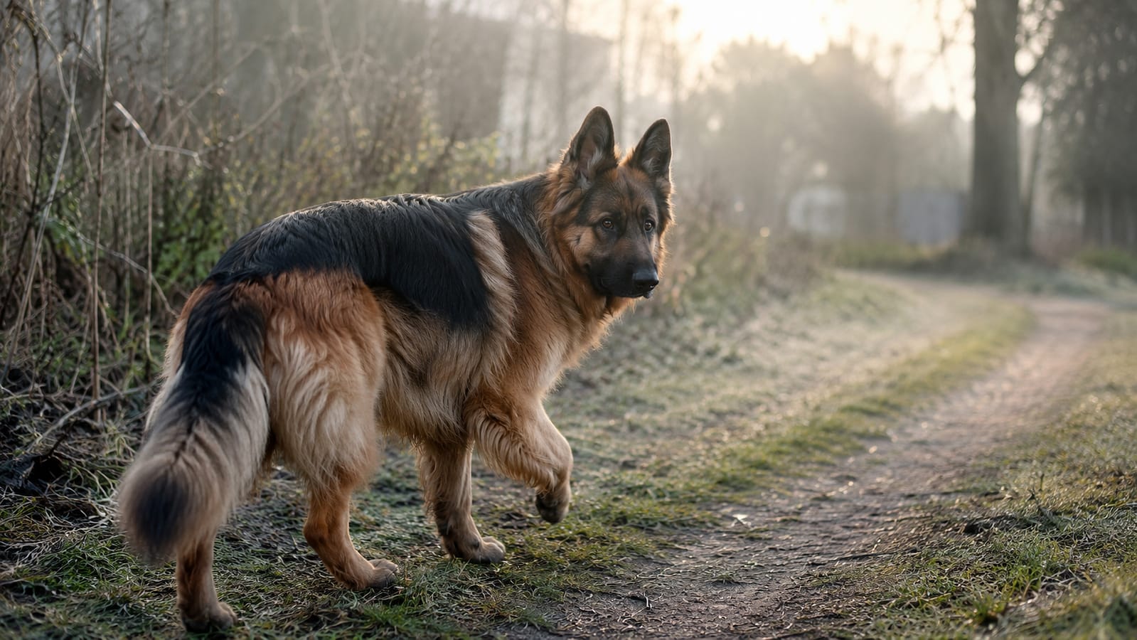 Long-haired German Shepherd pausing on a woodland path and looking back