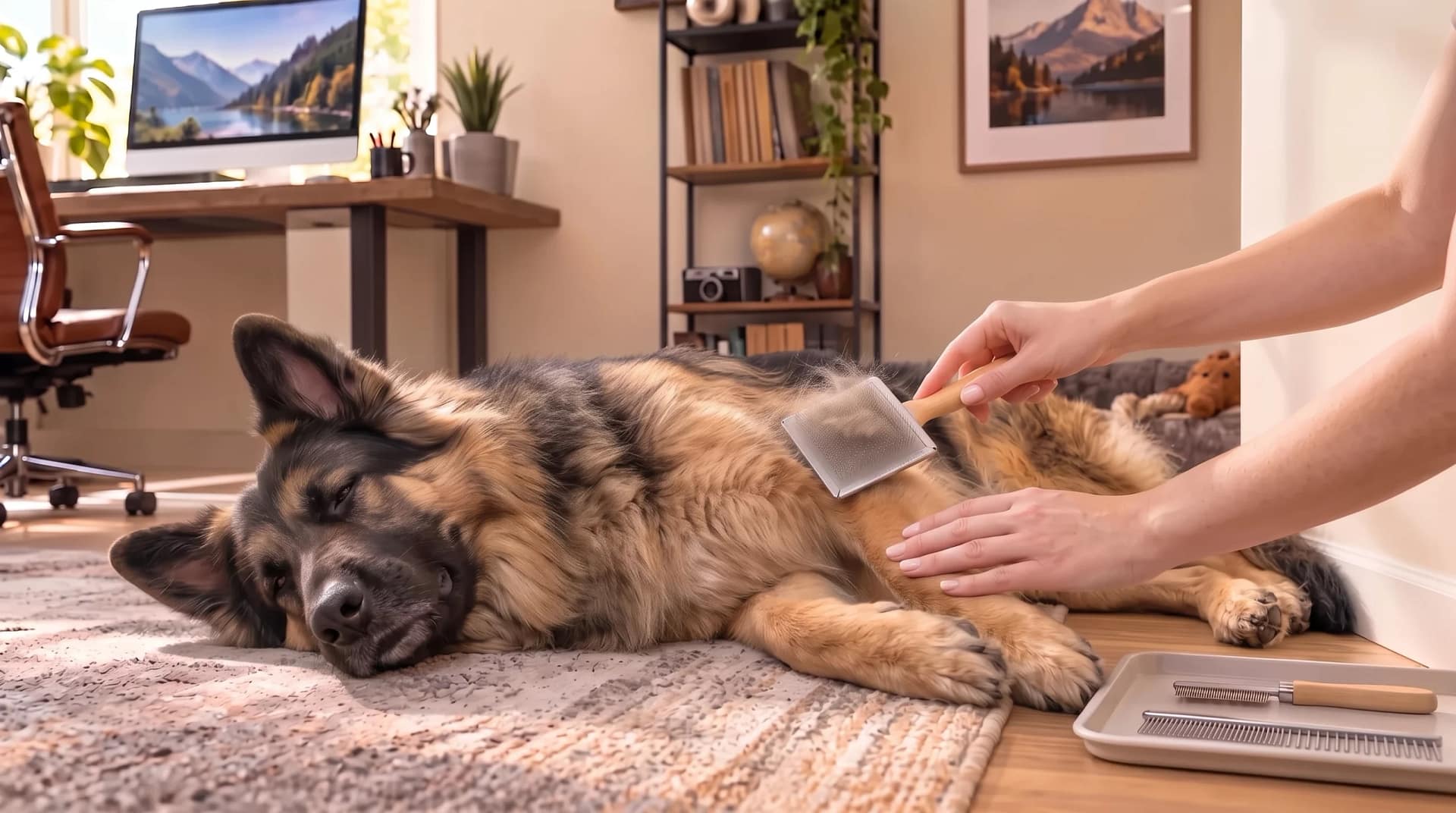 Kai, a long-haired German Shepherd, relaxing with his eyes closed while being gently brushed indoors.
