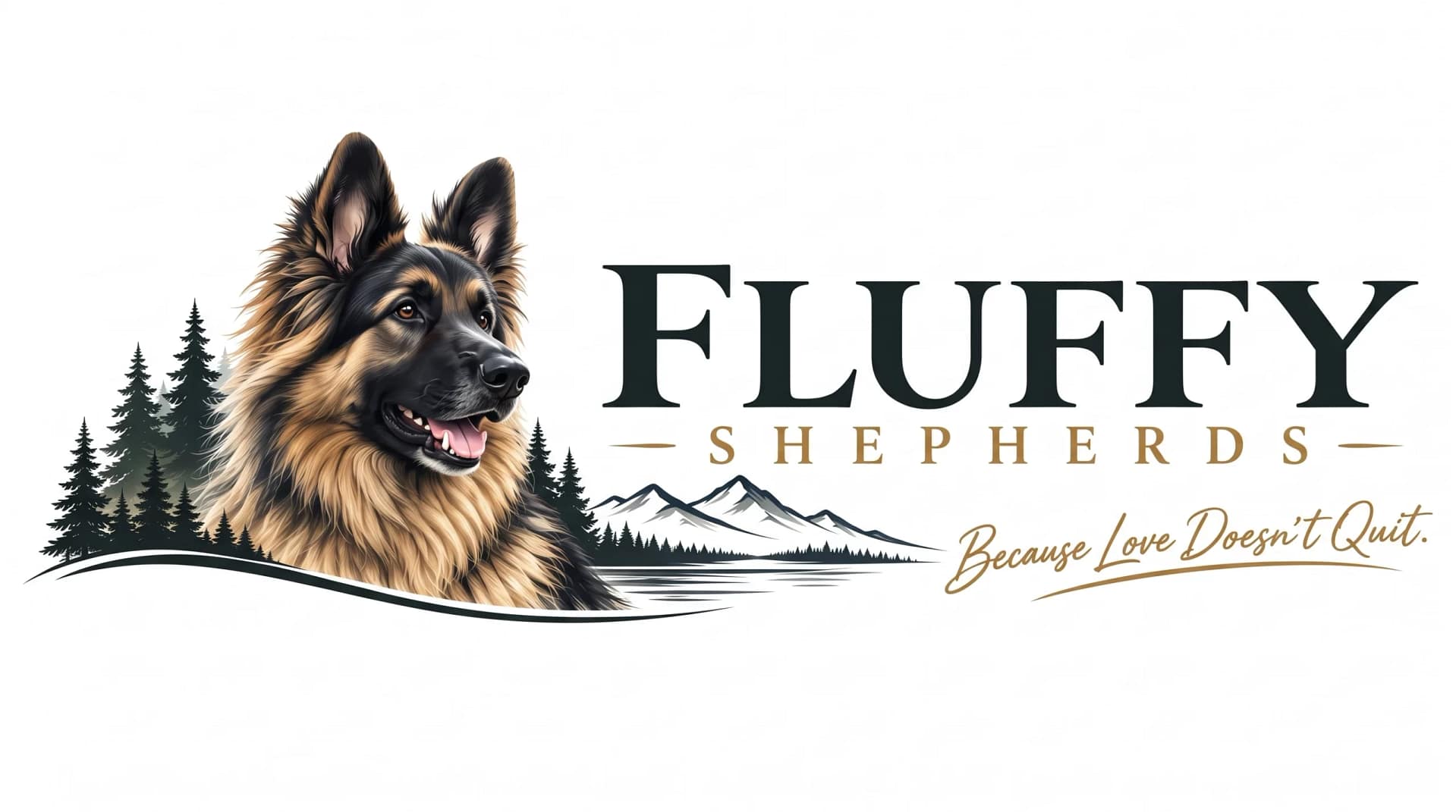 Fluffy Shepherds logo featuring Kai, a long-haired German Shepherd, with evergreen trees and Canadian mountain scenery