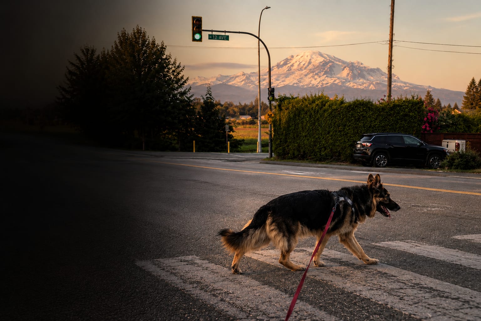 Kai, a long-haired German Shepherd rescue, crossing a street at sunset with Mount Baker in the background in British Columbia.