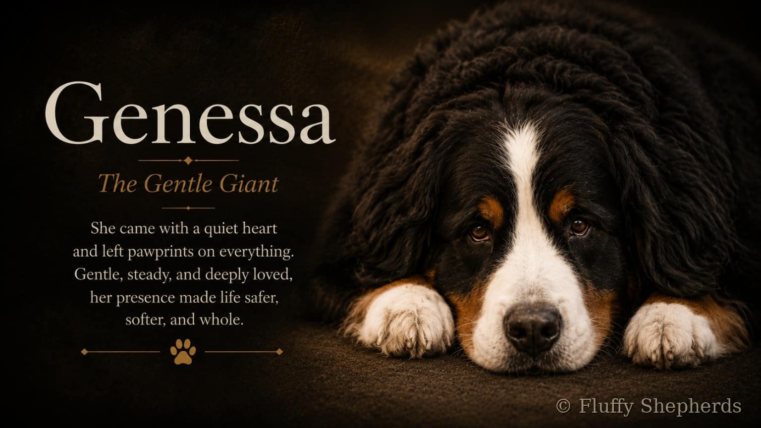 Genessa, Jeffrey’s first rescue and the gentle giant of the Fluffy Shepherds pack, featured on the Meet the Pack page.