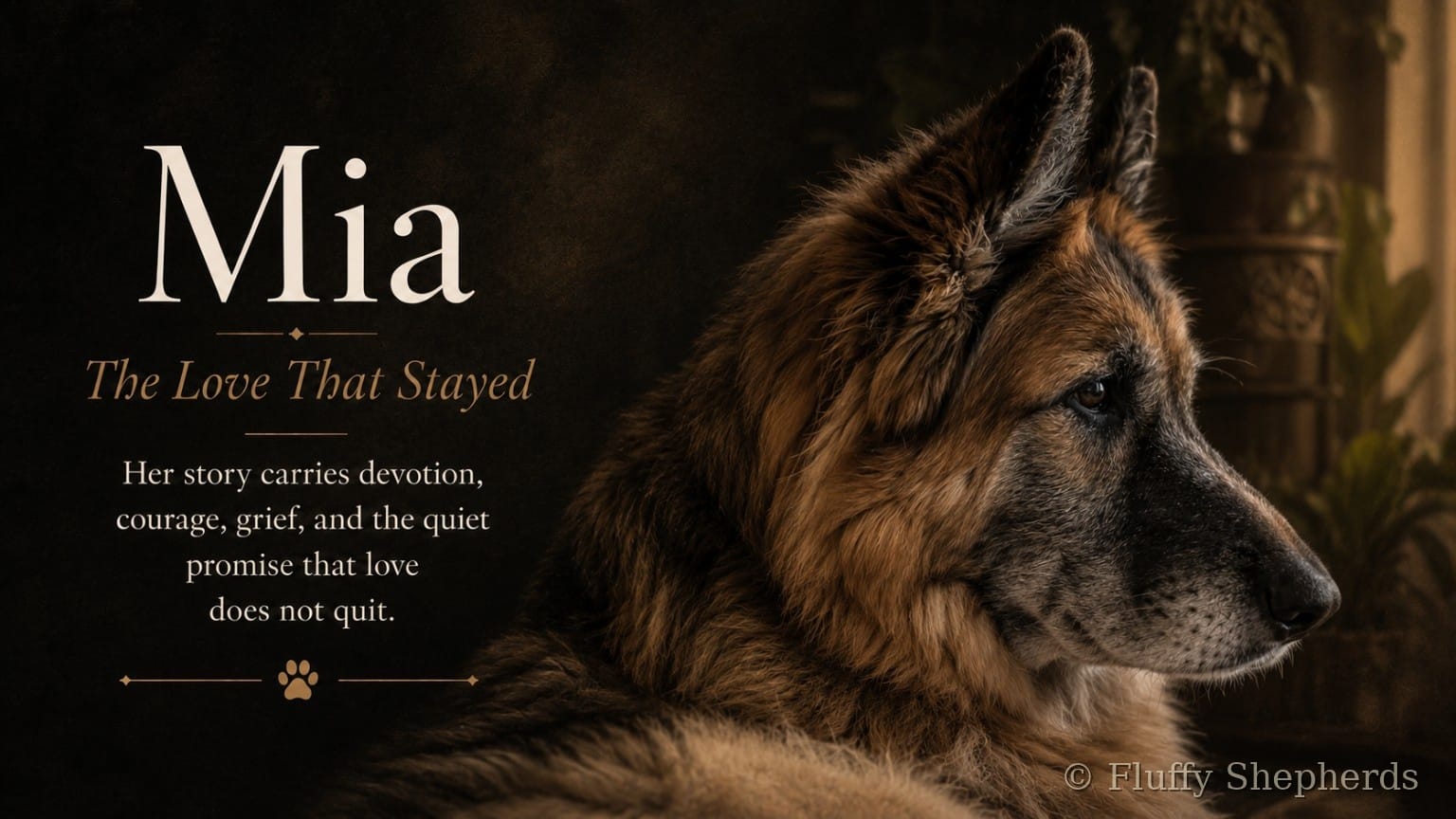 Mia, a rescued long-haired German Shepherd whose story shaped the grief, devotion, and love behind Fluffy Shepherds.