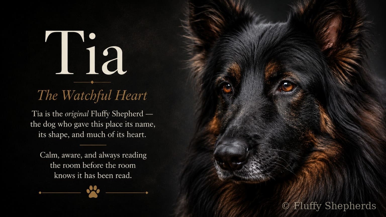 Tia, the original Fluffy Shepherd and watchful heart of the pack, featured on the Meet the Pack page.
