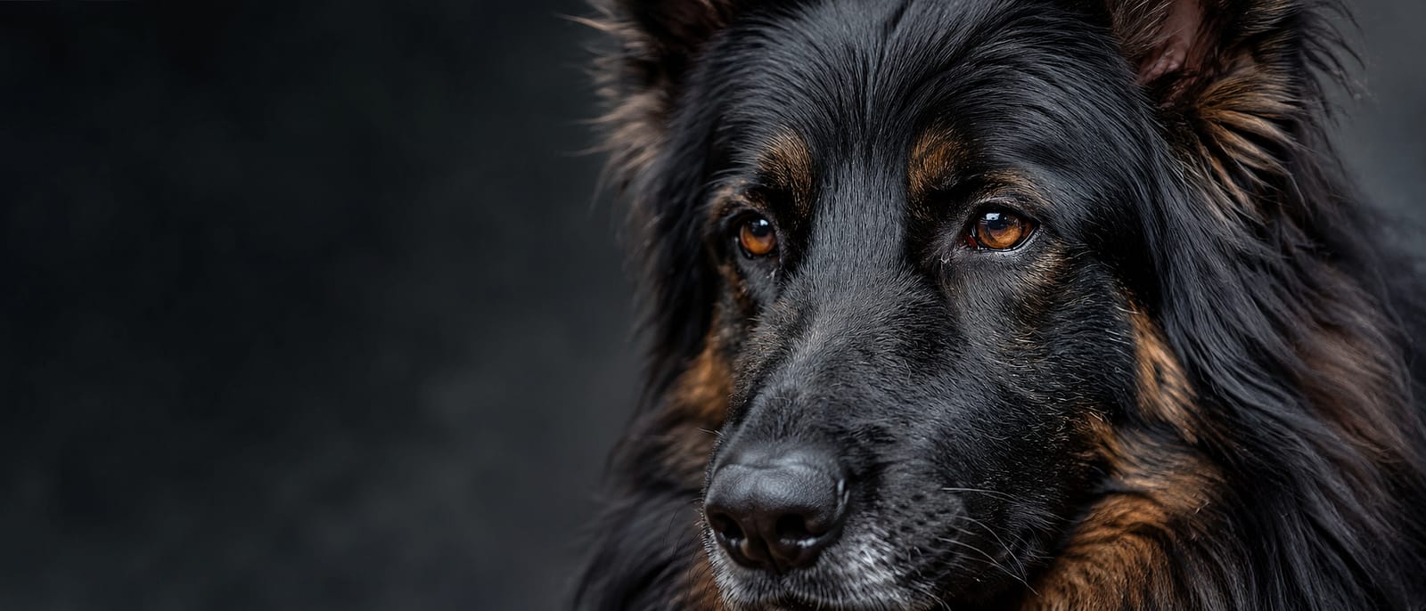 Long-haired German Shepherd Tia with calm amber eyes, representing real-world care for rescue dog parents in Canada.